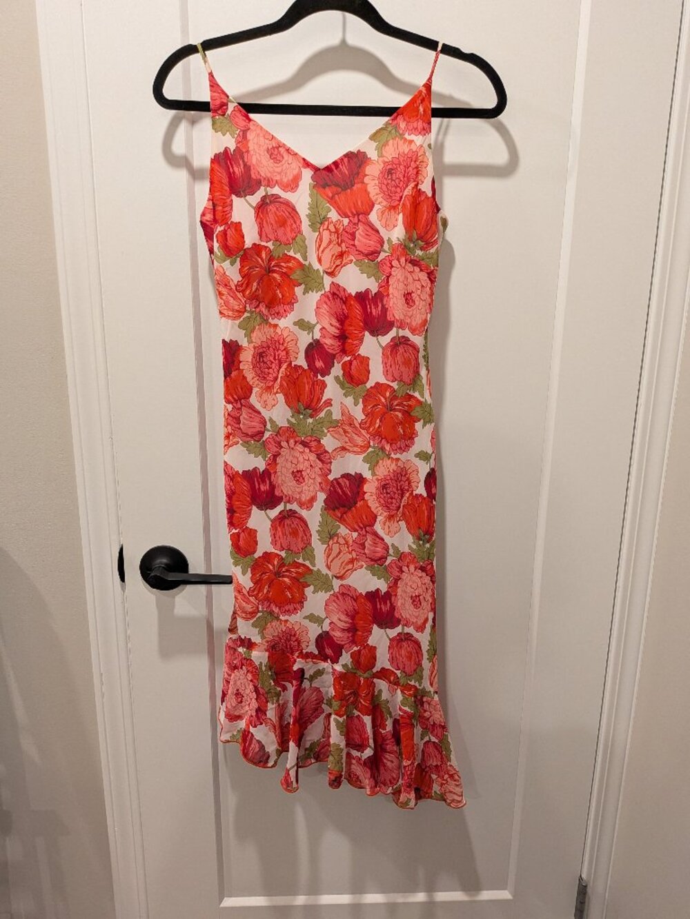 Nine West Red Pink Floral Midi Slip Dress Asymmetric Ruffle Hem Size 6